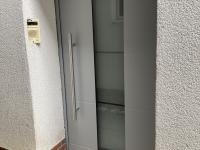 Haustür von PaX in grau mit Stangengriff und Milchglas