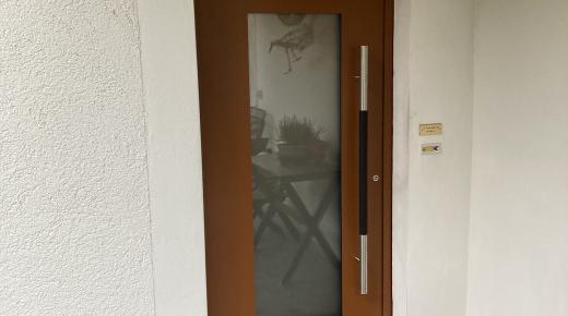 Haustür mit Stangengriff und Milchglas-Einsatz in braun